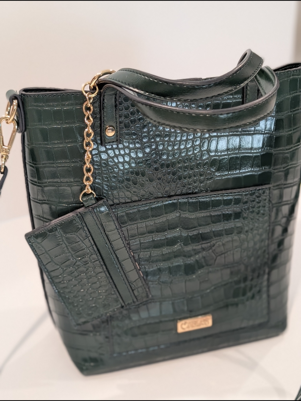 Dark Green Croc-Embossed Tote Bag with Card Holder